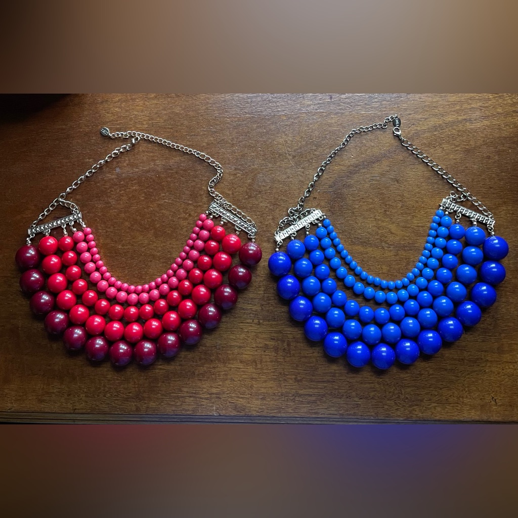 Lot Of 2 Vintage Lucia Multi-Strand Bib Red And Blue Beaded Necklaces